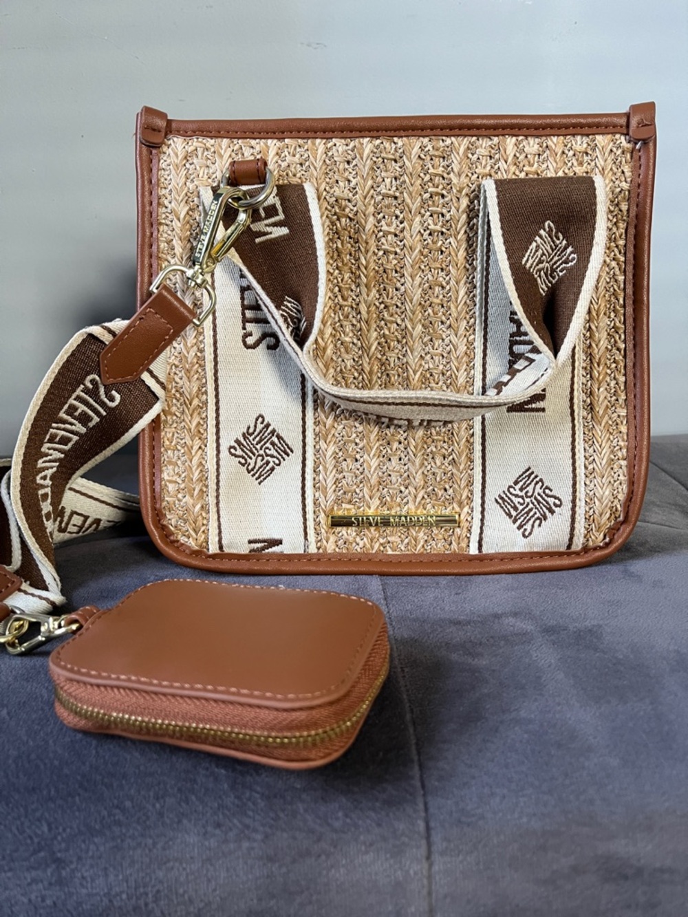 Steve Madden Tan & Cream Woven Crossbody with Branded Canvas Strap